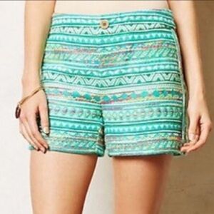 Anthropologie Elevenses 2 colorful green tribal shorts woven design colorful
